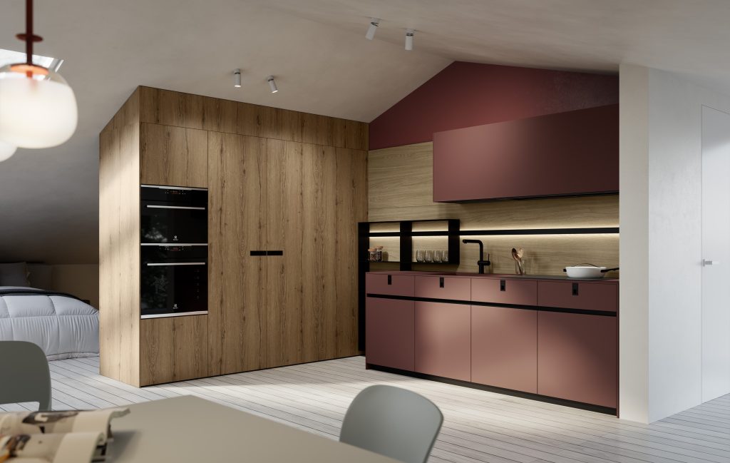 Cuisine sous les toits faisant office de séparation de pièce