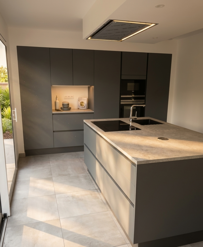 Cuisiniste Val d'Europe cuisine anthracite et plan de travail compact