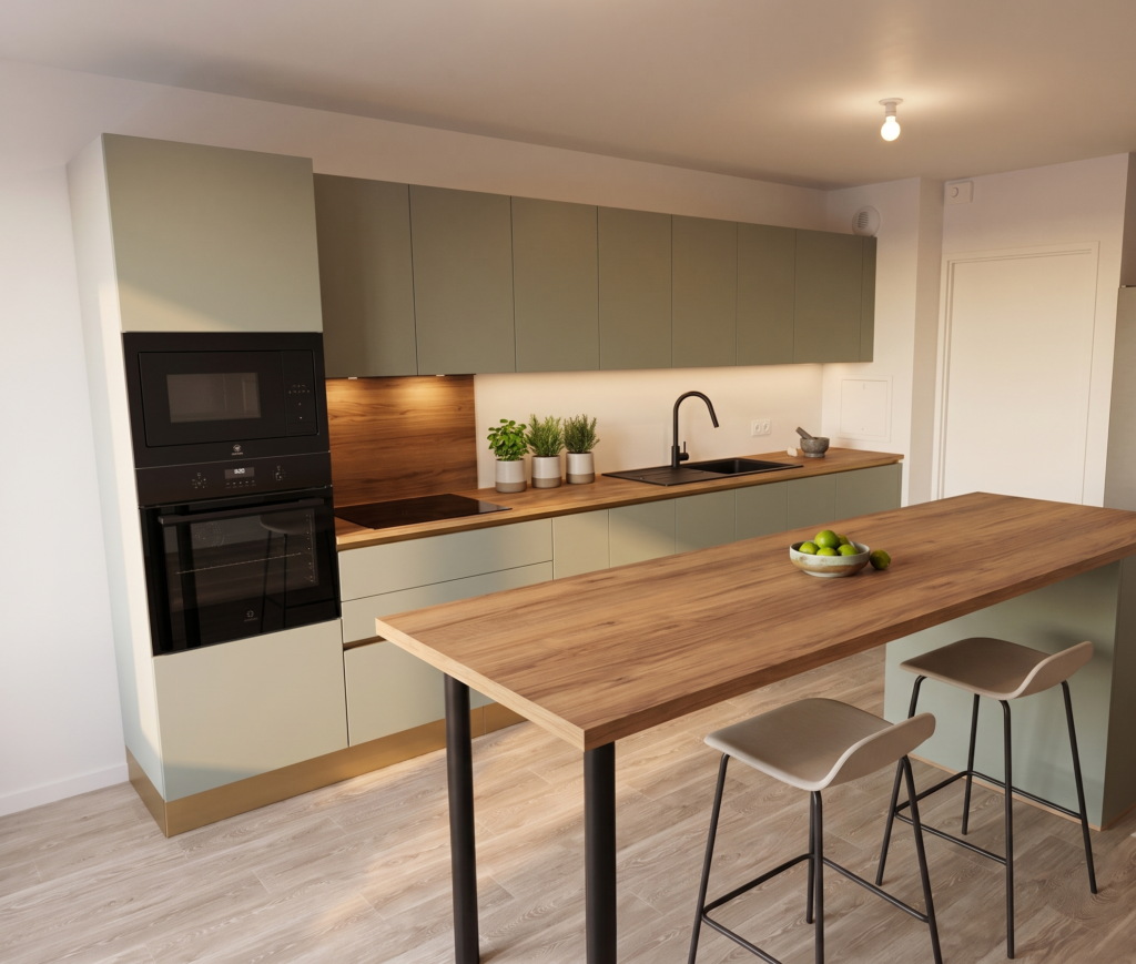 Cuisine Val d'Europe modèle Cloé Arredo3 vert prato avec plinthes laiton et îlot central en bois