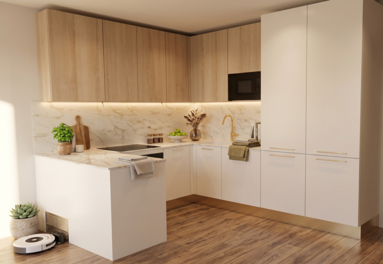 Accueil 1 Cuisiniste Val d'Europe cuisine en U blanche et bois avec plinthes laiton