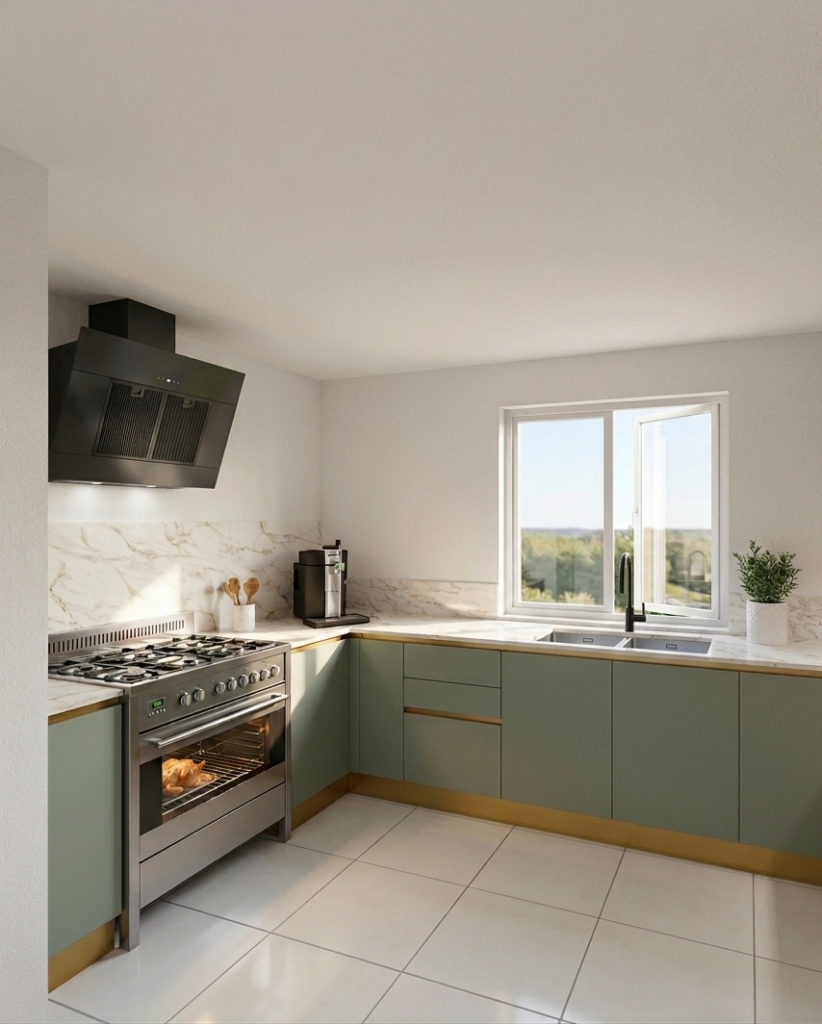 Cuisiniste Val d'Europe cuisine Arredo3 Cloé Prato vert pastel et plan céramique